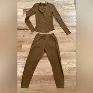 SKIMS camel color waffle henley pajama set long sleeve and pants size small